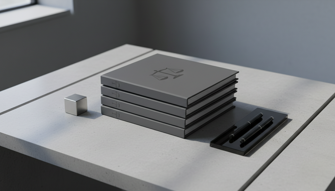 A professionally arranged stack of matte charcoal legal folders, each featuring a subtle debossed scales of justice emblem, resting neatly atop a clean, structured concrete desk. Around the folders are a simple brushed-metal paperweight and a dark tempered glass pen tray, reflecting an understated sophistication. The composition is framed with clean lines and a balanced perspective, with the folders centered and negative space on either side. Cool, diffused daylight spills in from the left, creating crisp, gentle shadows and subtle highlights along the folder edges. The overall mood is calm, organized, and authoritative. Captured from an eye-level perspective with sharp focus throughout, the photographic style showcases a crisp, minimalist, and professional corporate aesthetic.