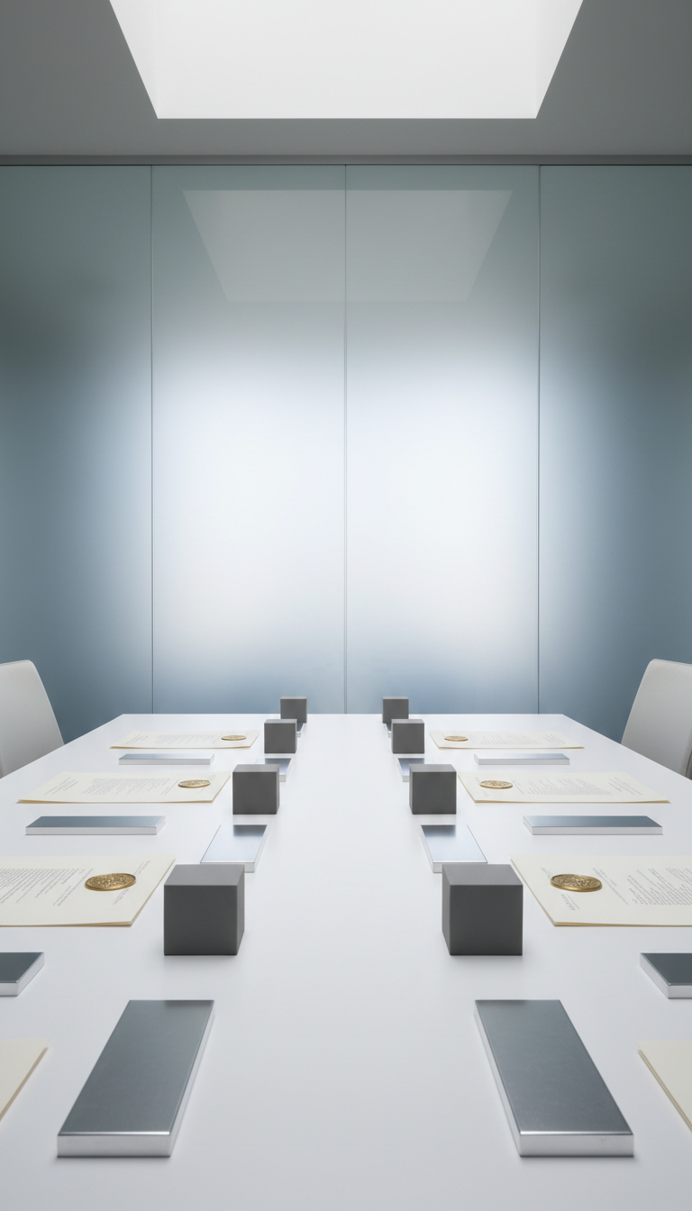 An abstract still life of symmetrical geometric objects—matte gray cubes and metallic silver rectangles—arranged with precision atop a pristine white conference table. Interspersed among the geometric forms are carefully placed legal documents with crisp, embossed gold seals, hinting at the legal focus without explicit wording. The backdrop is accented by a tall frosted glass partition, reinforcing structure and discretion. Soft, indirect natural light from above creates refined gradients of light and shadow, accentuating edges and surfaces for a composed and orderly effect. The camera frame is wide with a centered composition and pronounced depth, offering a cool, contemplative, and organized visual mood, realized in photographic realism and a corporate, minimalist style.