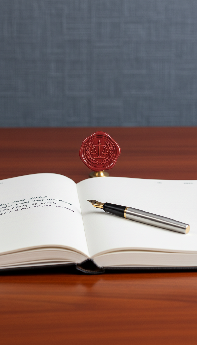 A close-up of a refined mahogany desktop displaying an open, finely bound legal notebook with crisp white pages and a brushed steel fountain pen, the nib catching the soft glow of indirect office lighting. Above the notebook, a single elegant stamp embossed with a classic justice scale rests gracefully, signifying legal authority. The background is a blurred expanse of textured slate-gray wall, evoking professionalism. Gentle overhead LED lighting creates diffused, even illumination, enhancing clean lines and balanced symmetry. The mood is focused, structured, and efficient. The image is taken from a slightly elevated angle, with the open page and pen forming the visual anchor. Artistic style emphasizes photographic realism and a modern, corporate sensibility.