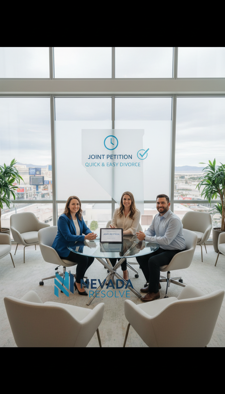 A professional and approachable legal team in an office setting, symbolizing quick, hassle-free divorce services in Nevada. The atmosphere should be modern and reassuring, emphasizing efficiency and support for clients seeking a joint petition.